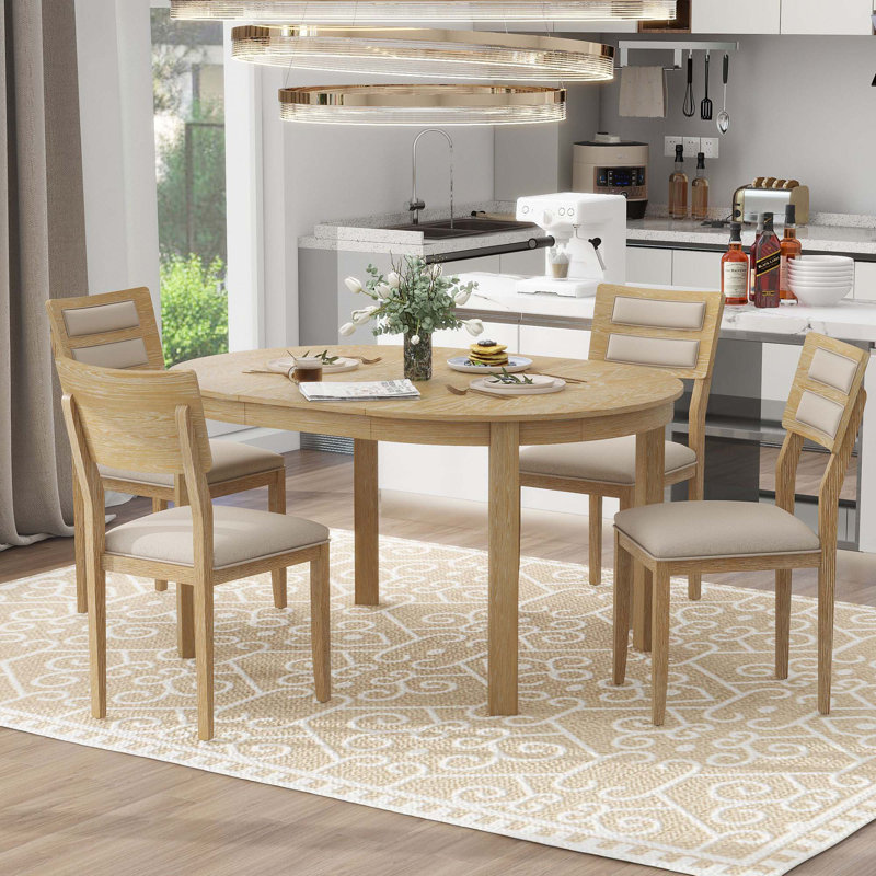 5 Piece Multifunctional Dining Table Set Farmhouse Dining Set With Extendable Round Table Two Small Drawers And 4 Upholstered Dining Chairs For